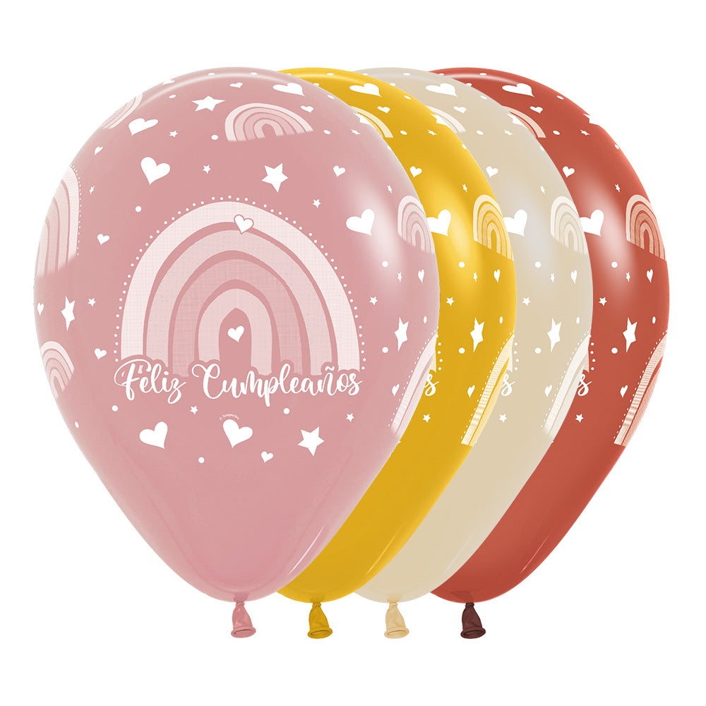 Latex 12'' Arcoiris Boho. Feliz Cumpleaños. Terracota, rosa palo, mostaza y crema