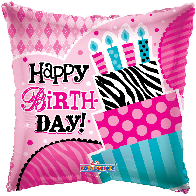 METALICO 18¨ CUADRADO ROSADO HAPPY BIRTHDAY CON UN PASTEL