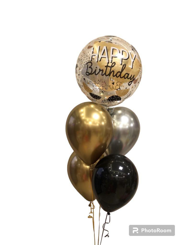 Arreglo de Globos Burbuja Printeada dorada y negro