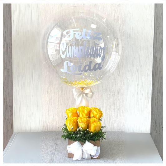 Arreglo de 6 flores más burbuja personalizada