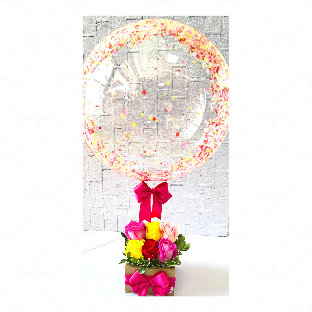 Arreglo 6 flores + burbuja personalizada