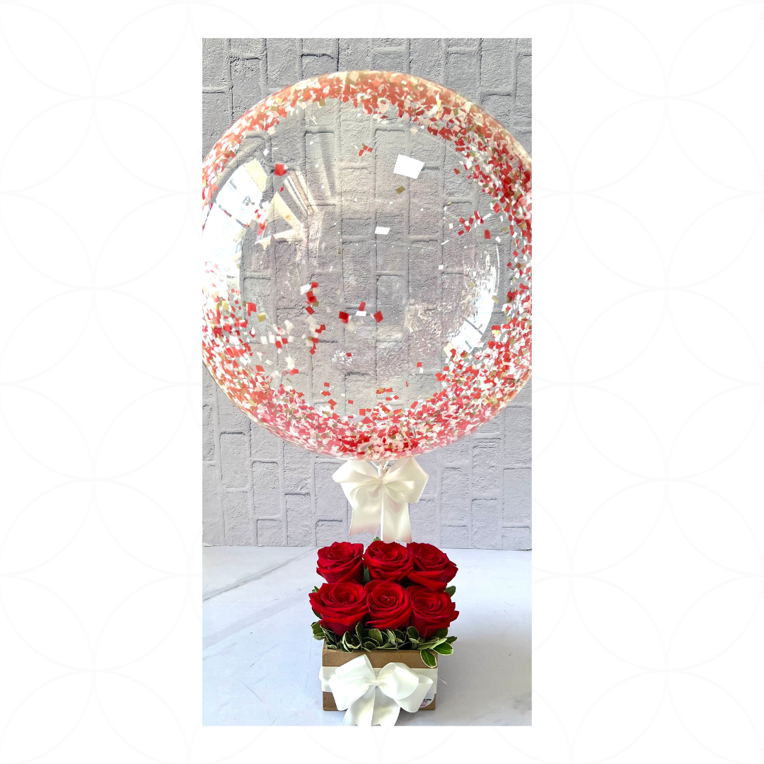 Arreglo 6 flores + burbuja personalizada