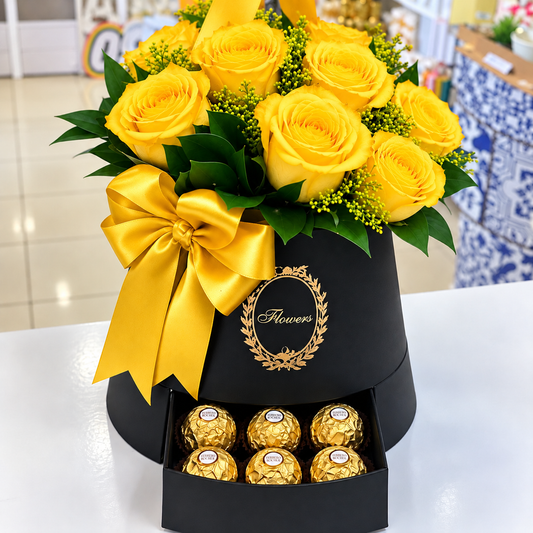 8 rosas amarillas + 6 Ferrero Rocher