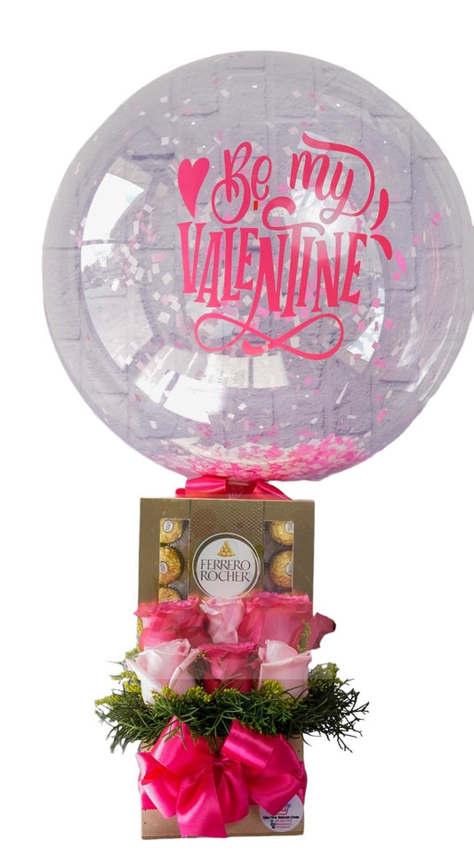 Be my valentine flores+ burbuja + chocolates
