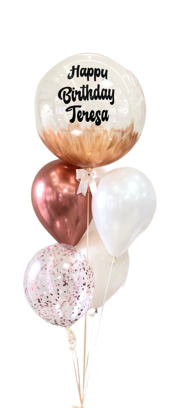 Arreglo de globos burbuja pintada rose gold