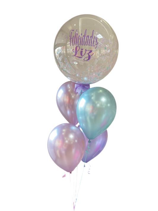 Arreglo de burbujas personalizada + globos silk pasteles