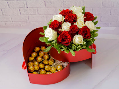 Arreglo de Flores & Chocolates Ferrero Rocher caja de corazón plateada