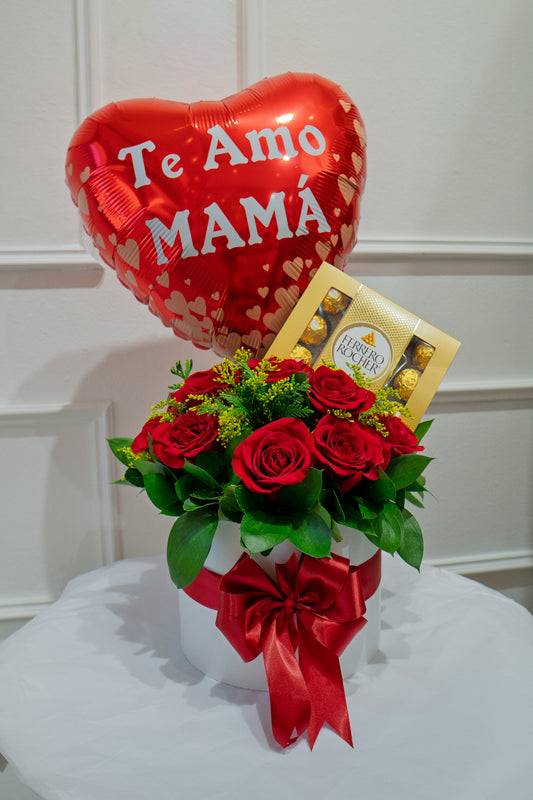 Caja de Rosas Rojas con Ferrero Rocher y Globo para Mamá ❤️🎈