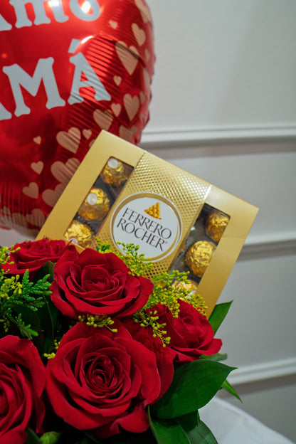 Caja de Rosas Rojas con Ferrero Rocher y Globo para Mamá ❤️🎈