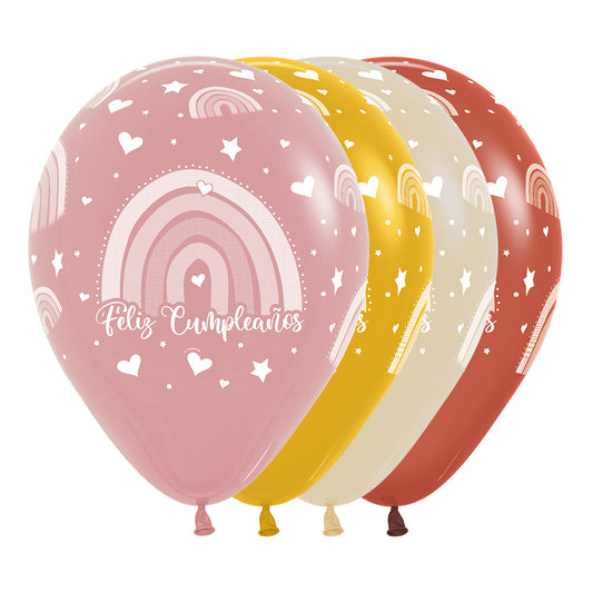 Latex 12'' Arcoiris Boho. Feliz Cumpleaños. Terracota, rosa palo, mostaza y crema