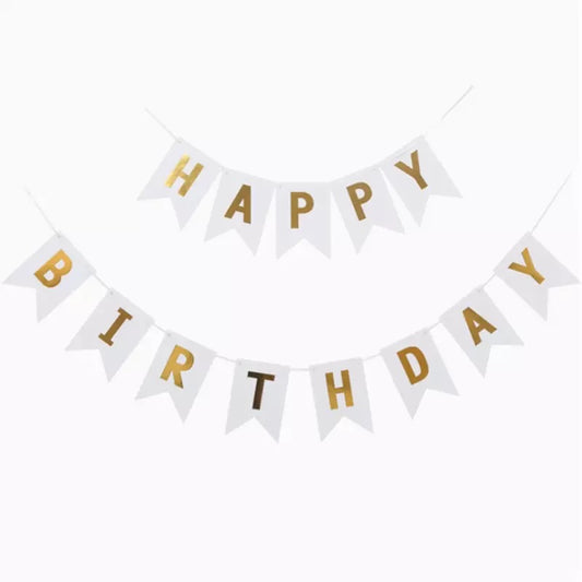 Banner Happy Birthday blanco con dorado