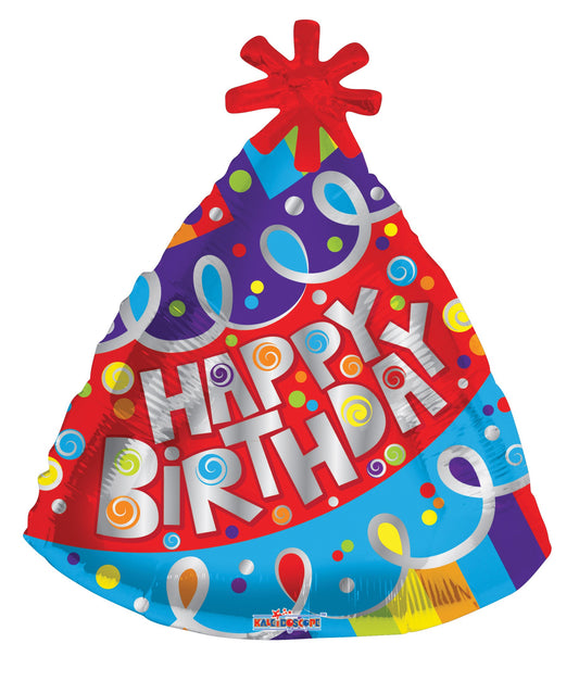 METALICO 18" HAPPY BIRTHDAY ROJO, AZUL CLARO Y AZUL OSCURO FORMA DE GORRITO