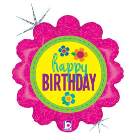 METALICO 18¨ HAPPY BIRTHDAY EN FORMA DE UNA FLOR, ROSADO, VERDE Y AMARILLO